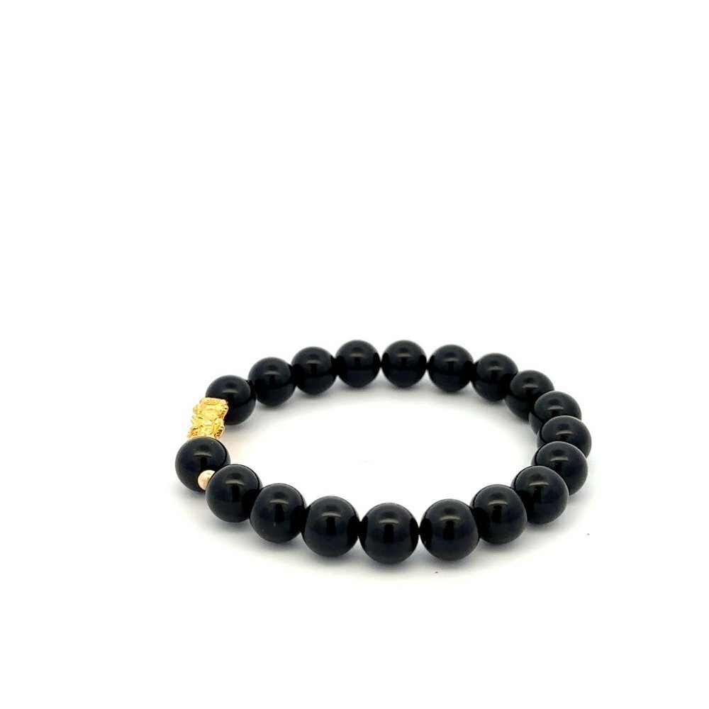 18K Gold Dragon Pixiu Piyao Lucky Charm Bead Bracelet Gemstone Black Onyx 8mm - Picture 3 of 9